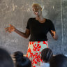 Nydadol Nyuon addressing students at  Kakuma Secondary School in Kenya.
