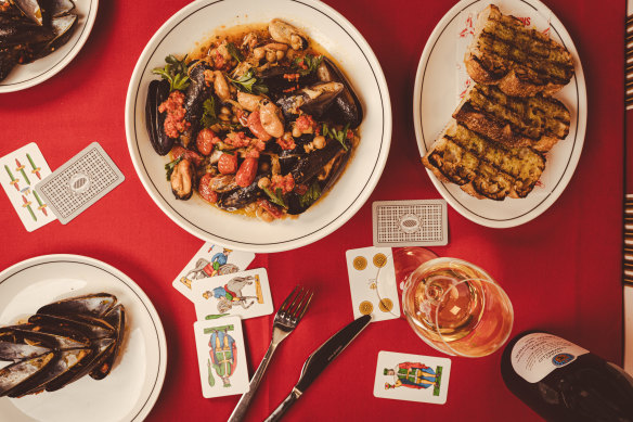 Sauteed mussels with Calabrian chilli and garlic focaccia.