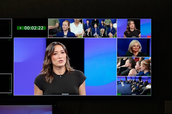 Insight host Kumi Taguchi (left) on the screens in the SBS control room,  where multiple camera angles can be seen concurrently while the episode is being recorded.
