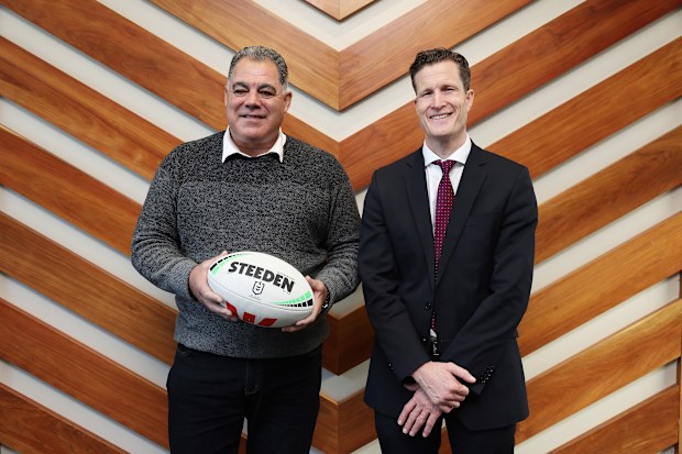 SYDNEY, AUSTRALIA - JUNE 06:  Newly announced Perth Bears head coach Mal Meninga poses with Perth Bears CEO Anthony De Ceglie during a NRL media opportunity at Rugby League Central on June 06, 2025 in Sydney, Australia.  (Photo by Matt King/Getty Images)