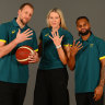 Joe Ingles, Lauren Jackson and Patty Mills pose after being selected for their fifth Olympics.