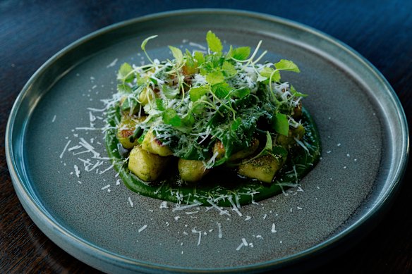 Potato gnocchi with warrigal greens, leek, preserved lemon salsa verde, pecorino and sea herbs.