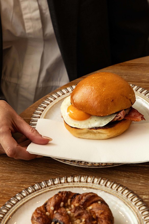 Bacon and fried egg roll with Mr P’s brown sauce.