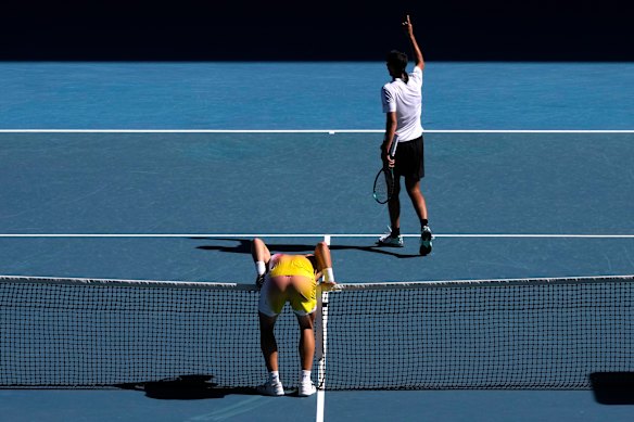 Lorenzo Sonego reacts after winning a point against Ben Shelton.