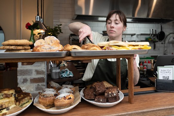 Find baked goods including brown-butter choc chip cookies and almond palmiers on the front counter. 