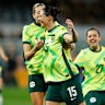 Emily Gielnik celebrates her opening goal for the Matildas.