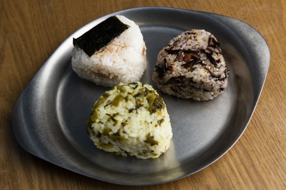 Salted plum, cha-shu and mustard greens onigiri at Parami.