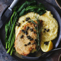 Chicken scaloppine with capers, lemon, rosemary and polenta.