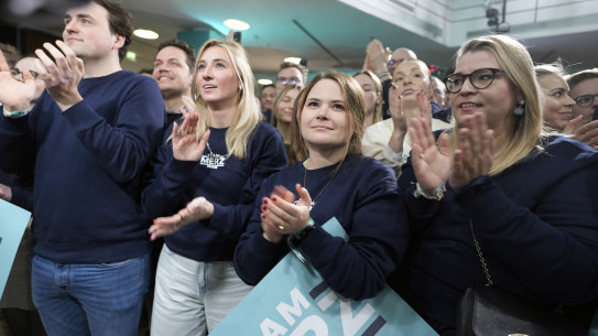 Supporters of Friedrich Merz, leader of the opposition conservative Christian Democratic Union party, wait for the election results.