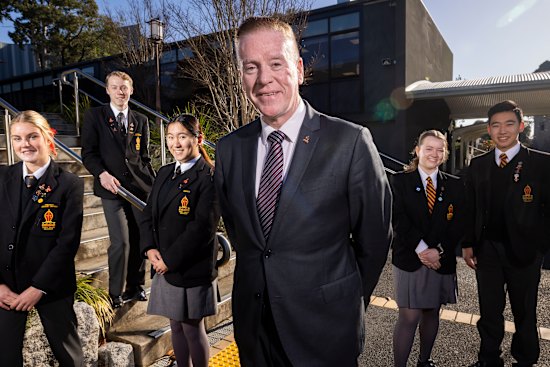 Yarra Valley Grammar principal Dr Mark Merry with students Honor Thornton, Noah Cameron, Catherine Zhook, Cassidy Coetzee and Gideon Tse.