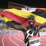 Joshua Cheptegei celebrates breaking the men’s 5000 metre record in Monaco last year.