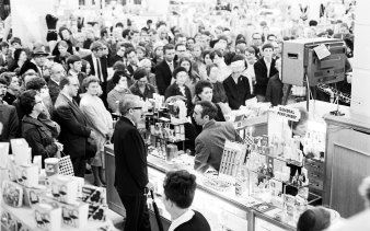 Crowds gather around a television in David Jones department store in Sydney to watch a live telecast of the Apollo ll moon landing, July 21, 1969.
