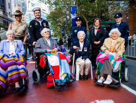 Anzac Day march participants (left to right) Dorothy Curtis, Mavis Wheeler, Barbara Coward and Margaret Ferrier, 2021.