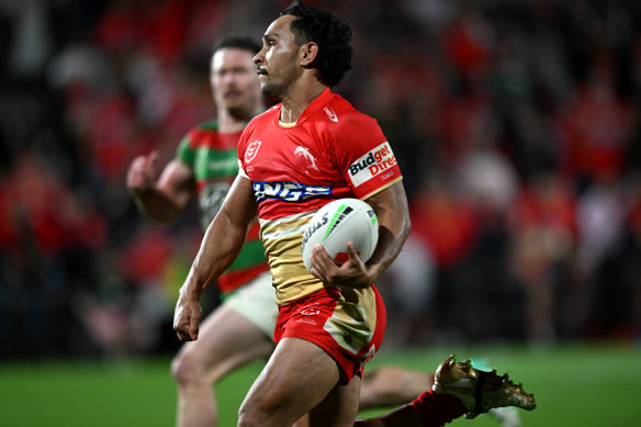 Trai Fuller in full flight for the Dolphins against the Rabbitohs.