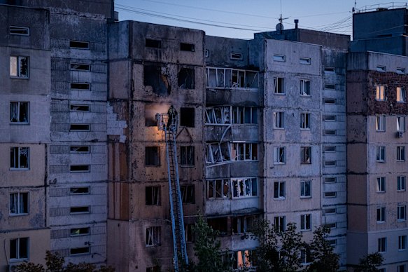 Blackened buildings stand testament to Russia’s four-year onslaught on the Ukrainian capital.