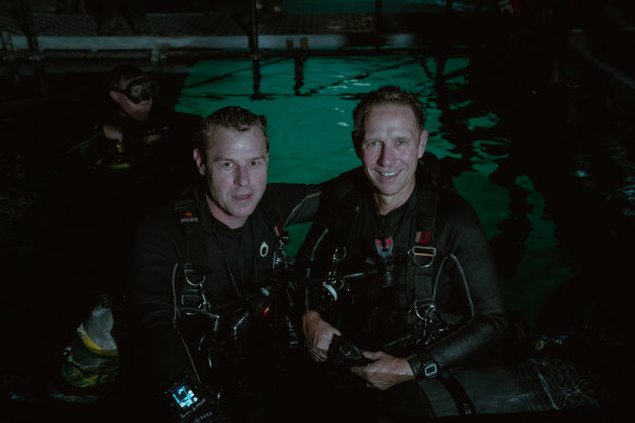 Corser (left) with Dr Richard “Harry” Harris on the set of Thai Cave Rescue. 