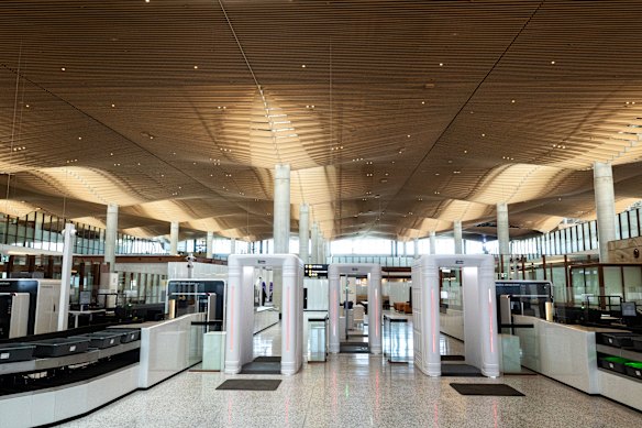 The terminal’s eye-catching roof on the first level, where passengers will pass through security. 