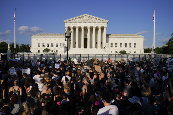 Protesters fill the street in front of the Supreme Court after the court’s decision to overturn Roe v. Wade in Washington, June 24, 2022.