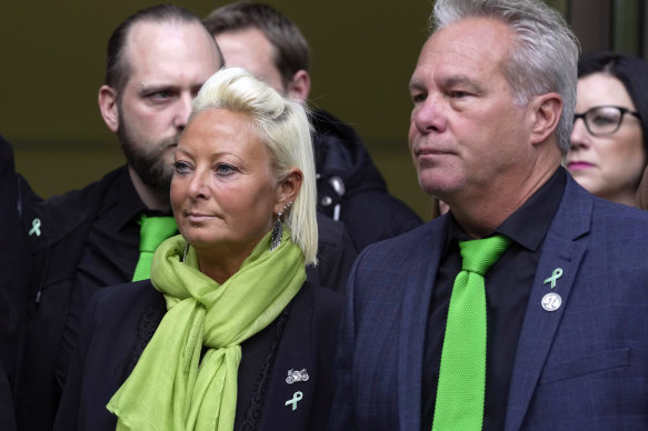 The mother of Harry Dunn, Charlotte Charles (left) and his stepfather, Bruce Charles leave the Westminster magistrates Court after the hearing.