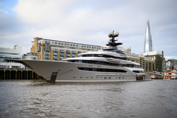 The superyacht “Kismet”, currently owned by Pakistani-American billionaire Shahid Khan, moored near Tower Bridge, London, in October.