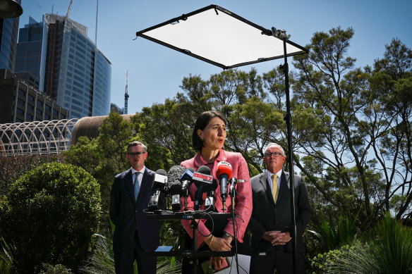 Premier Gladys Berejiklian, with Treasurer Dominic Perrottet and Health Minister Brad Hazzard, announced restrictions would ease for outdoor concerts and venues.