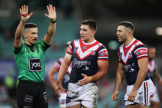 Frustrated Roosters captain James Tedesco reacts as Victor Radley is sent to the sin bin for a high challenge.