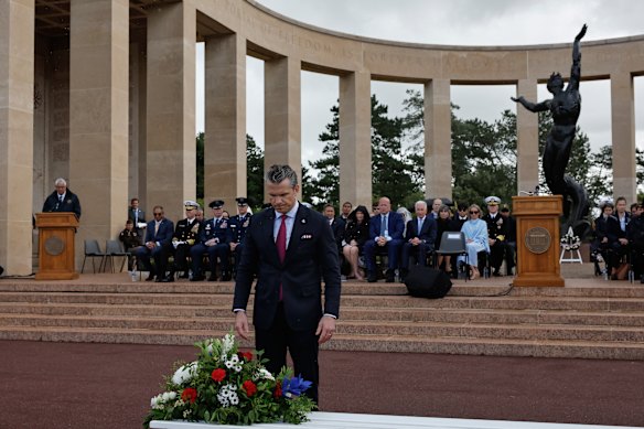 Hegseth lays a wreath of flowers during a ceremony at the US cemetery to commemorate the 82nd anniversary of the D-Day landings, in Colleville-sur-Mer in Normandy, France.