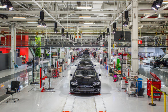 The production line at the Tesla factory in Fremont , California.