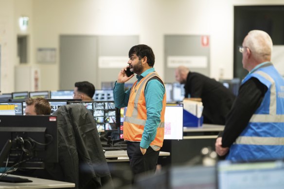 Operators in the centre at Tallawong conduct a drill to remove a box stuck in a train door at the new Barangaroo station. 