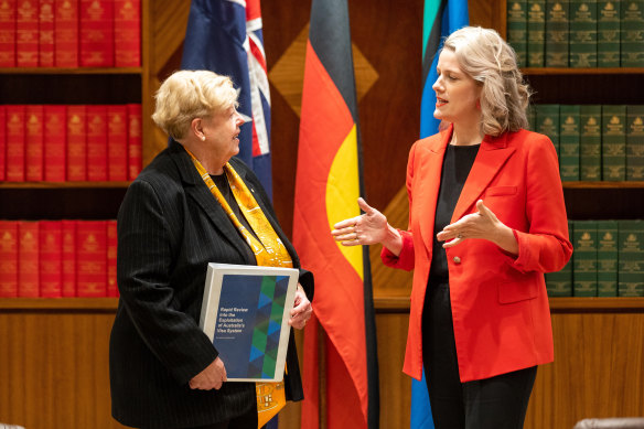 Christine Nixon hands over her report to minister Clare O’Neil.