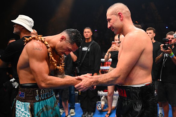 Jai Opetaia and Huseyin Cinkara​ after their fight on the Gold Coast.