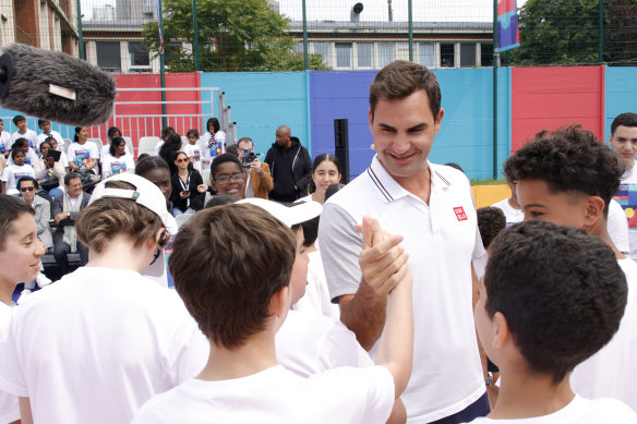 Roger Federer at a junior tennis players’ event in Paris.