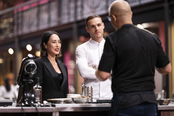 Melissa Leong and Amaury Guichon on the set of Dessert Masters.