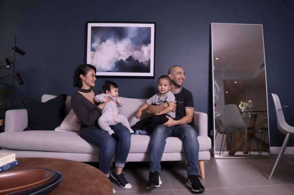 Yummii and John Nguyen are considering moving into a build-to-rent development at Sydney Olympic Park with Avery, 4, and Brooklyn, 5 months.