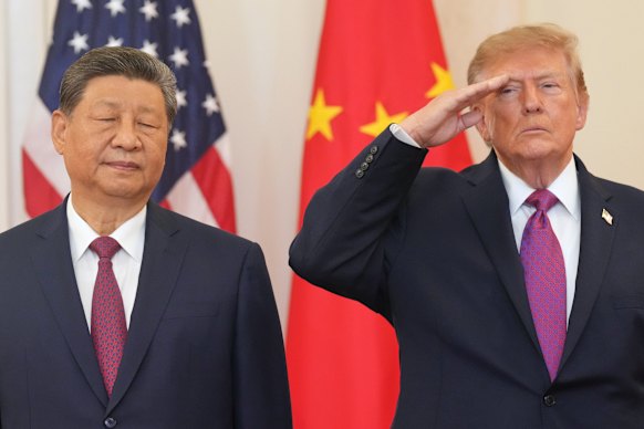 President Donald Trump and President Xi Jinping in the Grand Foyer of the White House.