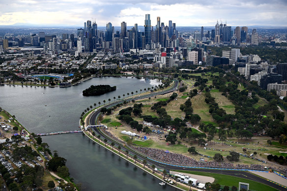 An aerial view of Albert Park and the Melbourne skyline.