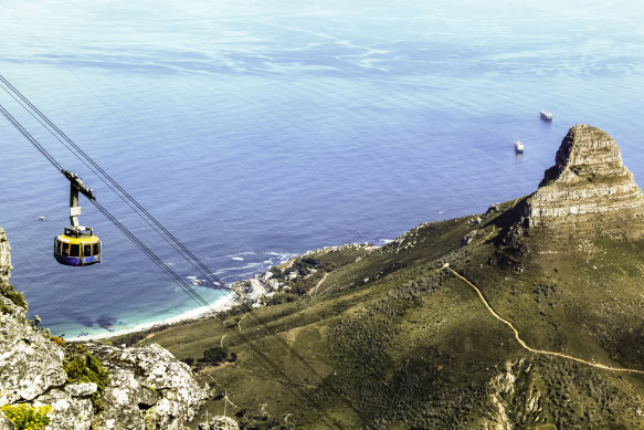 Table Mountain’s Cableway, with the Lion’s Head on the right and the Atlantic Ocean beyond.
