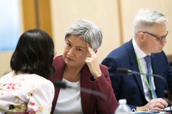 Minister for Foreign Affairs Penny Wong during a recent tense moment at a Senate estimates hearing.