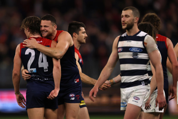 Steven May hurt his hamstring in Melbourne’s win over Geelong, which earned them a place in the grand final.