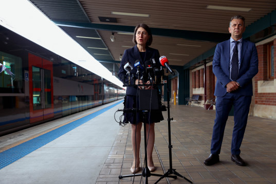 NSW Premier Gladys Berejiklian and NSW Transport Minister Andrew Constance address the media on Thursday.