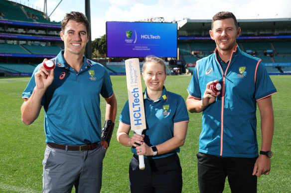 Pat Cummins, Alyssa Healy and Josh Hazlewood pose during a media opportunity announcing the confirmation of a new partnership between Cricket Australia and HCLTech. 