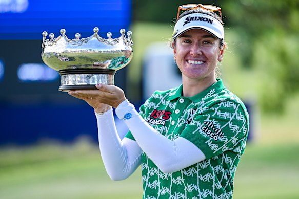 Womens Australian Open champion Hannah Green of Australia holds the Patricia Bridges Bowl  during day four of the 2026 Women’s Australian Open at Kooyonga Golf Club.