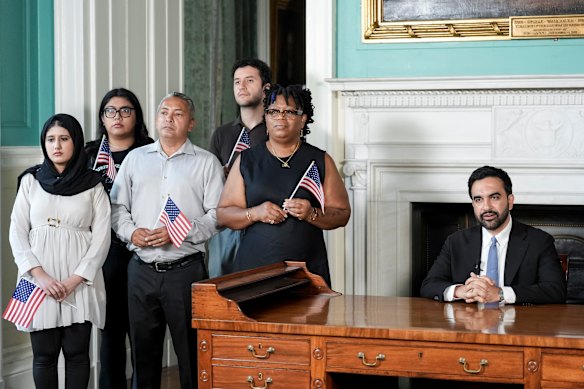Zohran Mamdani gave an address from behind the desk of George Washington at New York City Hall.