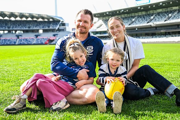 Patrick Dangerfield with wife Mardi and daughters Felicity (five) and Winnifred (one) ahead of his 350th game on Friday.