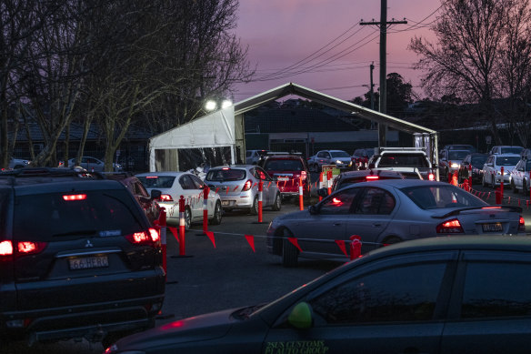 Long queues for Fairfield’s 24-hour COVID-19 testing centre on Wednesday morning.