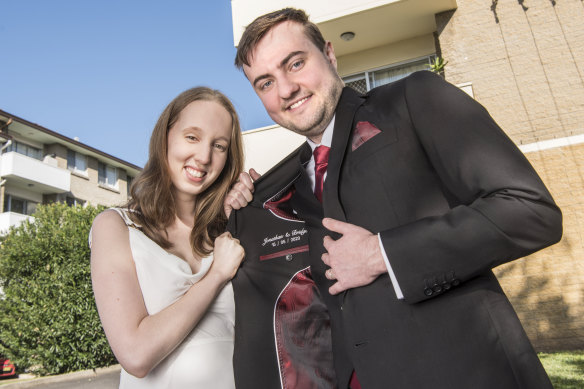 Jonathon Anslow has the date of his pandemic nuptials sewn into his wedding jacket. 