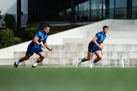 Len Ikitau and Joseph-Aukuso Suaalii training with the Walalbies.