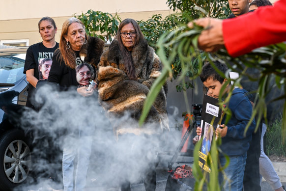 Donna Nelson, wrapped in possum fur, last year outside the inquest into her daughter’s death.