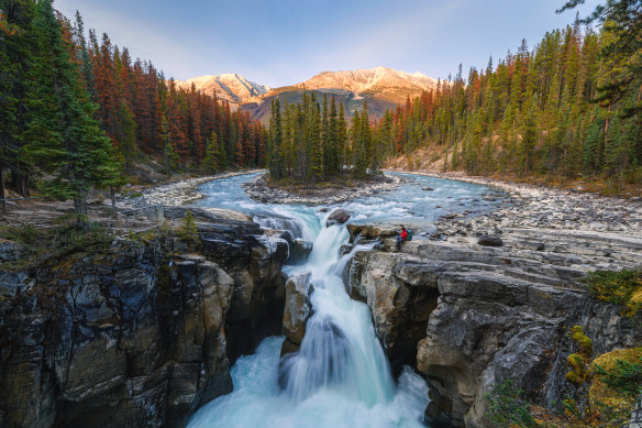 A road tripper surveys the autumn colours in Canada’s Jasper National Park.