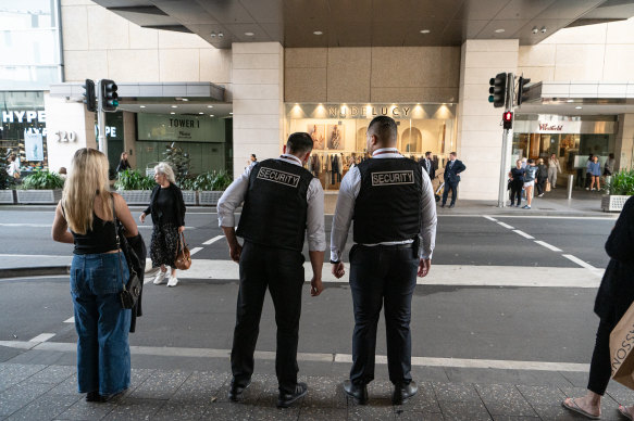 Security guards at Westfield Bondi Junction wore protective vests in a new security initiative after the fatal attack.